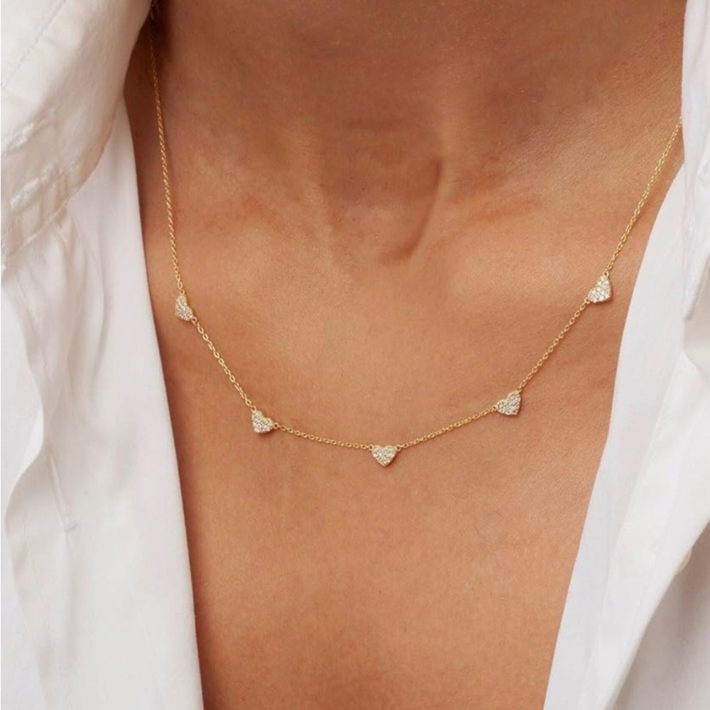 Gold Heart Station Necklace - Delicate Pavé Hearts